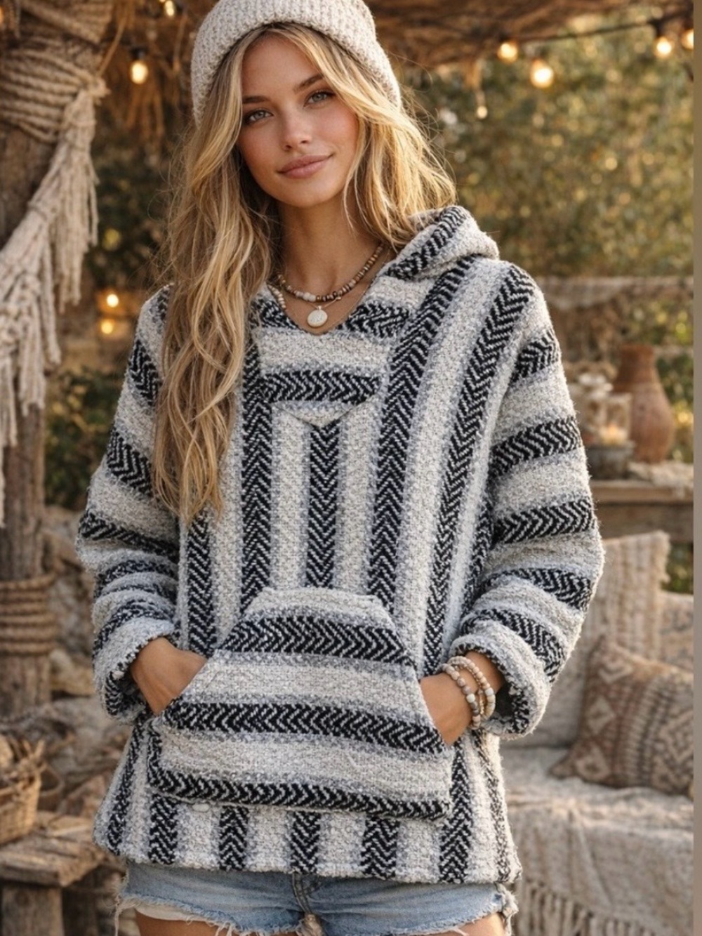 Cozy Black & Cream Striped Baja Pullover Sweater